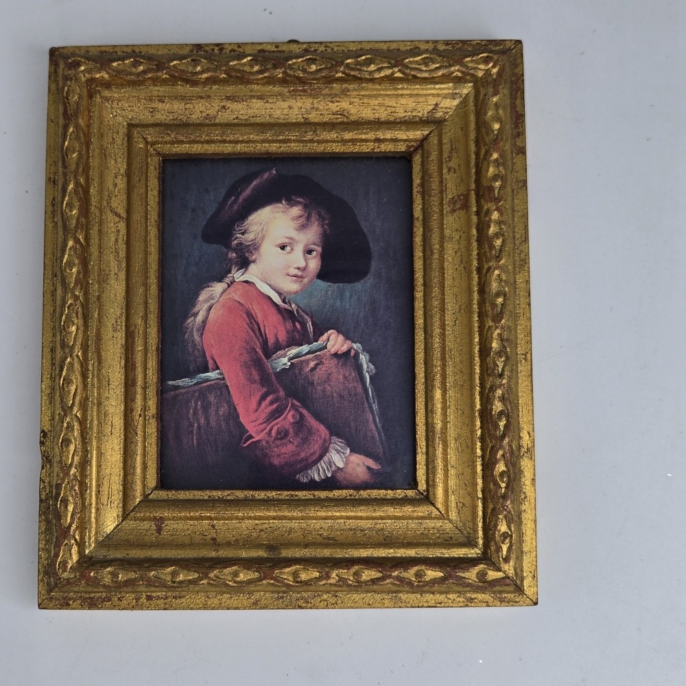 Italian Miniature Framed Print of The Young Scholar in Gold Wood Frame VTG‎ 5×6